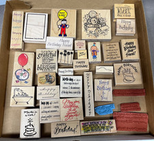 Lot of 34 Misc Wood Mounted Rubber Stamps Happy Birthday Cake Balloons Animals