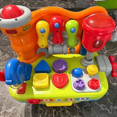 #ad Kids Pretend Play Tool Set Workbench Activity Station w Tools amp; Shape Buttons $8.00