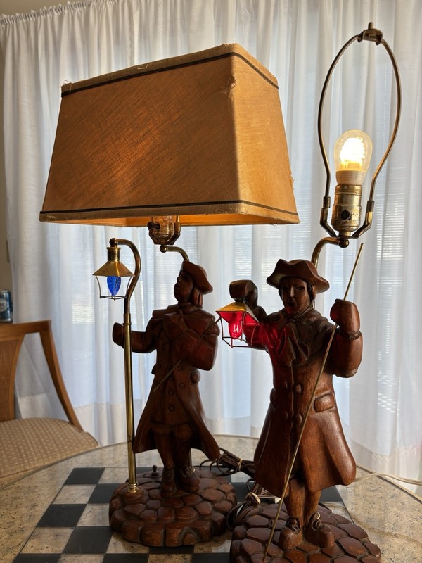 Vintage Hand Carved Wood Paul Revere Colonial Lamp Decor Minuteman Pair American