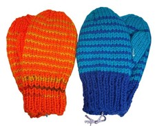 Hand Knit Mittens Kids Striped Orange Blue 7.5" Long 2 pairs Winter New