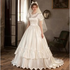 Vintage Ivory Satin Wedding Dresses Short Sleeves O-neck Long A-line Bridal Gown