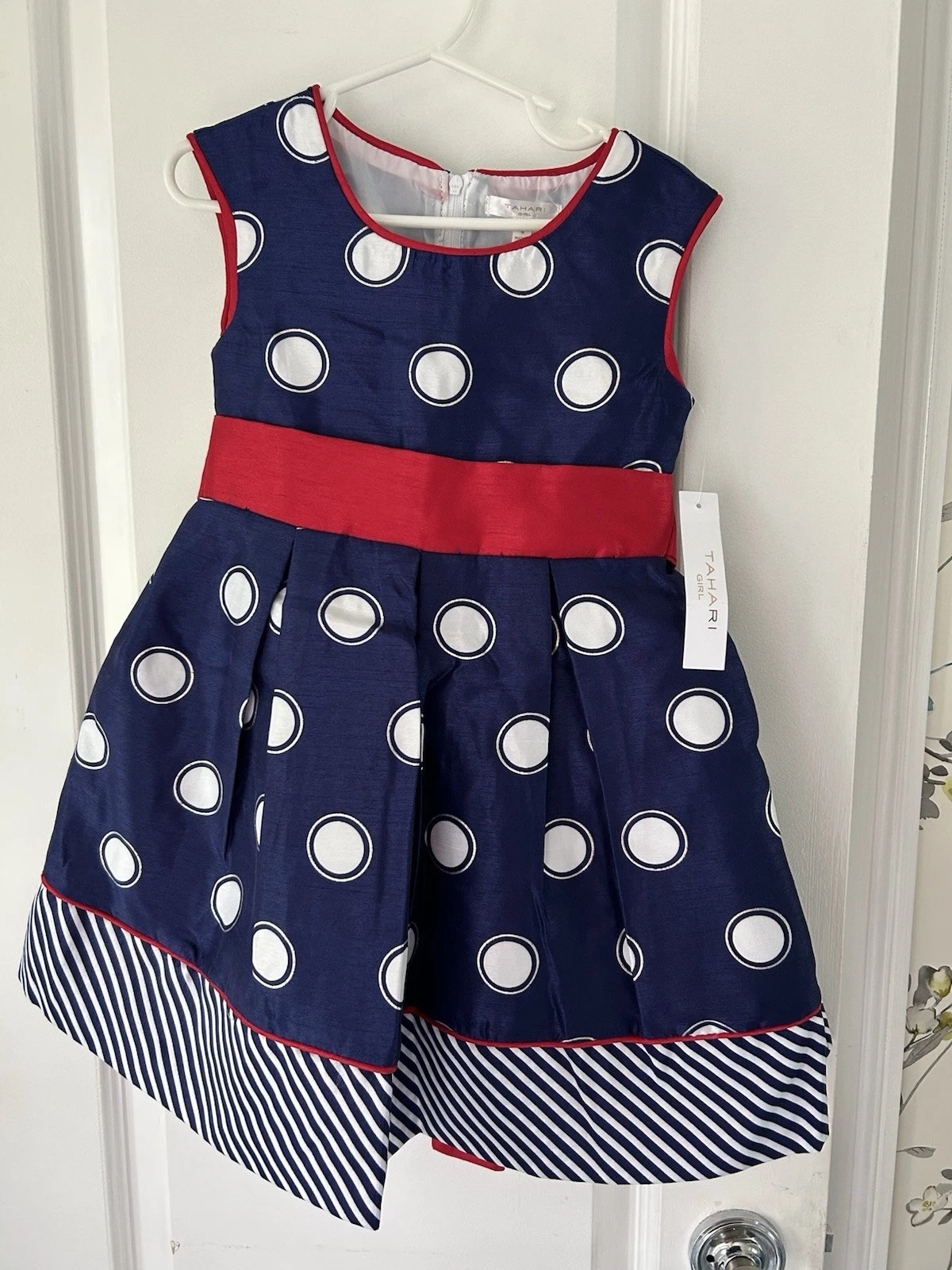 Tahari Girl Party Dress Girls Size 4 Navy Blue Polka Dots Striped Sleeveless NWT