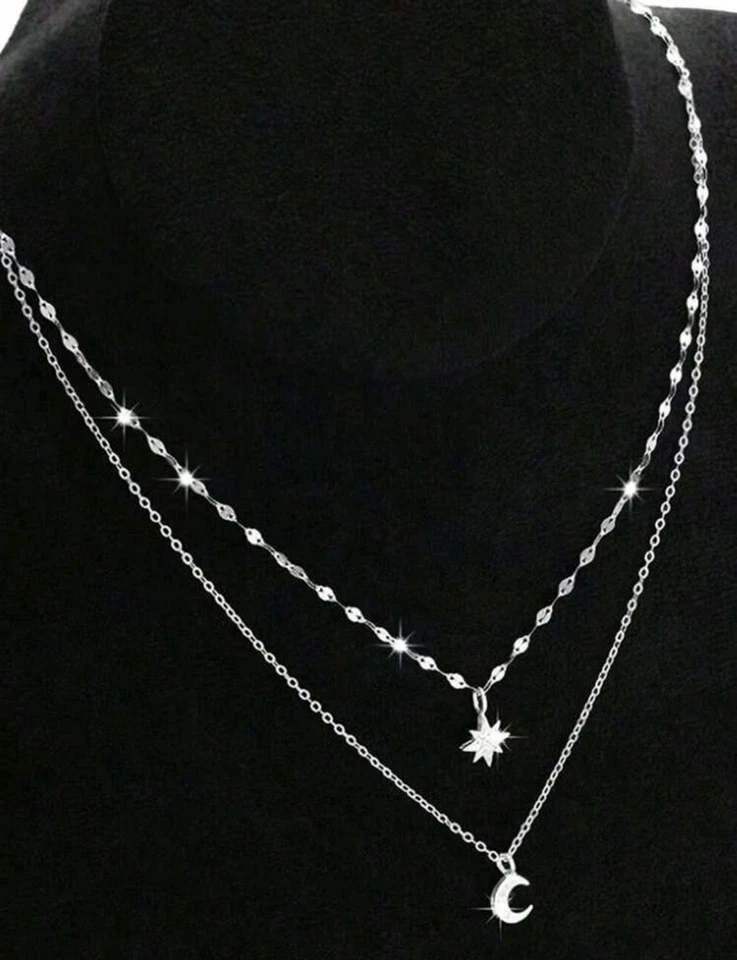 Collana Acciaio Inox Doppio Strato Luna E Stella Zirconi - Immagine 4 di 4