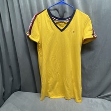 Tommy Hilfiger Logo Yellow V Neck T-Shirt Dress Large Red White Blue Stripped
