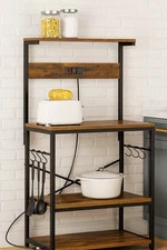 Bakers Rack w Power Outlet 4 Tier Microwave Stand Coffee Bar Rustic Brown 6 Hook