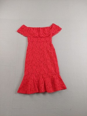 BCBGMAXAZRIA Women Mini Dress 2 Red Lace Off The Shoulder Ruffle Hem Cocktail
