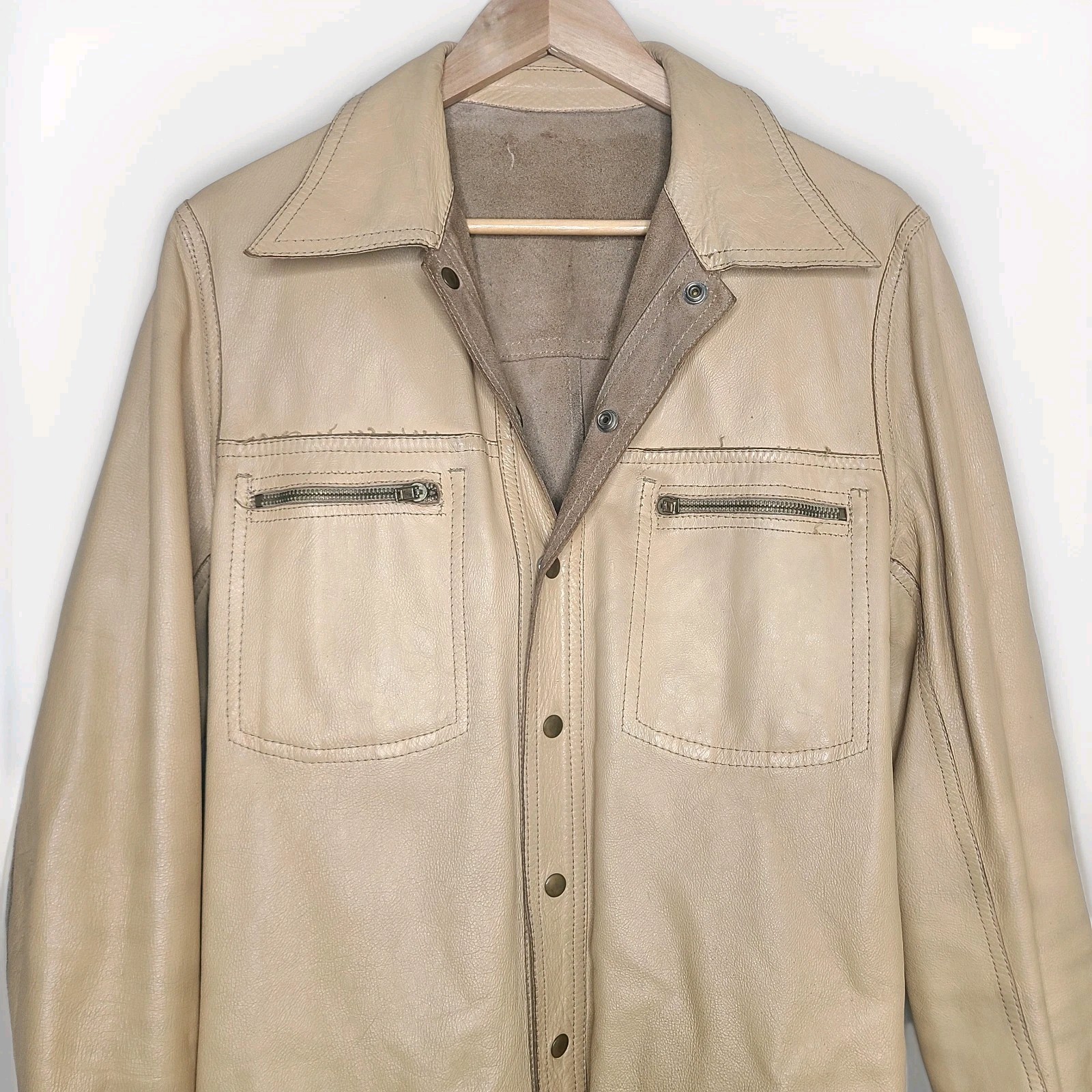 Vintage Split Suede Leather Light Tan Trucker Shirt Jacket Western Made In Italy image 2