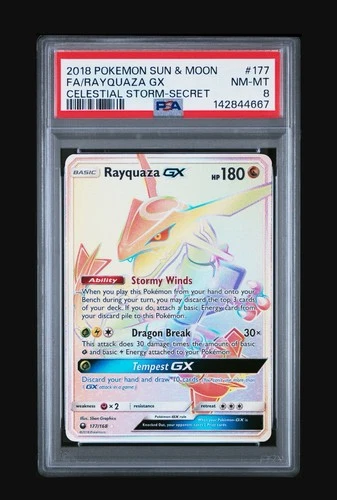 PSA 8 NM-MT Rayquaza GX 177/168 Secret Rare 2018 Celestial Storm Pokemon Card