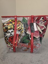 Ed Hardy Clear Tote Bag Tiger Rose Tattoo Print PVC Vinyl Red Handles Womens NWT