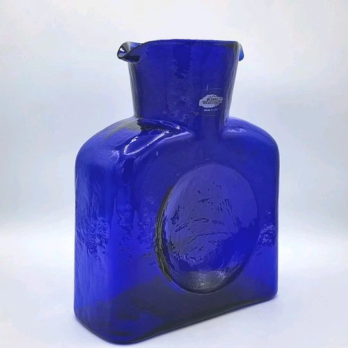 Blenko 384 Hand Blown Glass Double Spout Water Bottle Cobalt With Sticker 2007