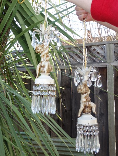 Lámpara de doble botín de techo de querubín en mal estado candelabro espelta francesa ap tole vintage - Imagen 6 de 9