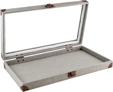 888 Display USA - Grey Linen Covered Jewelry Case with Glass Top and Latch