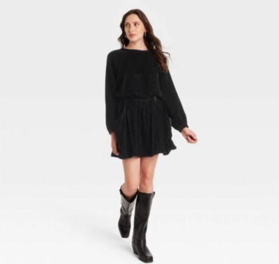 Universal Thread Dress Women's Long Sleeve Velvet Mini A-Line Small Black