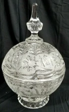 Vtg Etched Glass CRYSTAL BALL COVERED DISH Floral Pattern STEEPLE FINIAL 