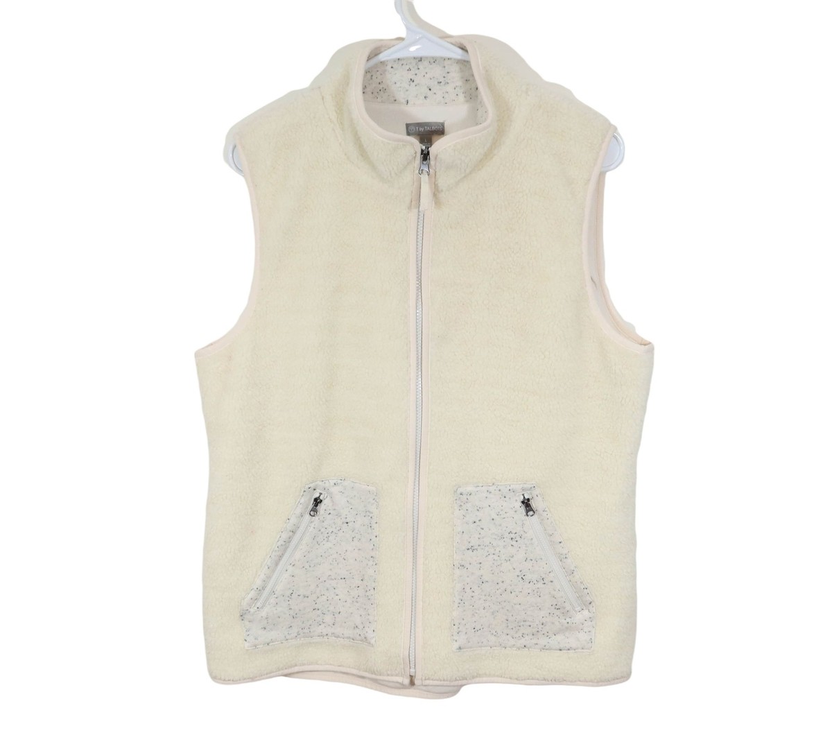 T By Talbots L Ivory Faux Sherpa Full Zip Fleece Vest w/ Sweater Knit  Pockets