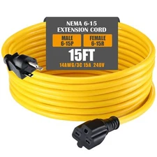 15ft NEMA 6-15 Extension Cord 6-15P Male to 6-15R Female 15 AMP Power Cable f...