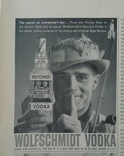 1958 Wolfschmidt Vodka bottle secret on everybody's list vintage ad