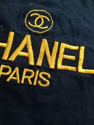 Vintage Chanel Paris Big Logo Gold Embroidery T Shirt Black