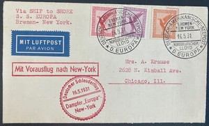 1931 Germany Catapult Flight Airmail Cover SS Europa to Chicago IL Usa Ship To S