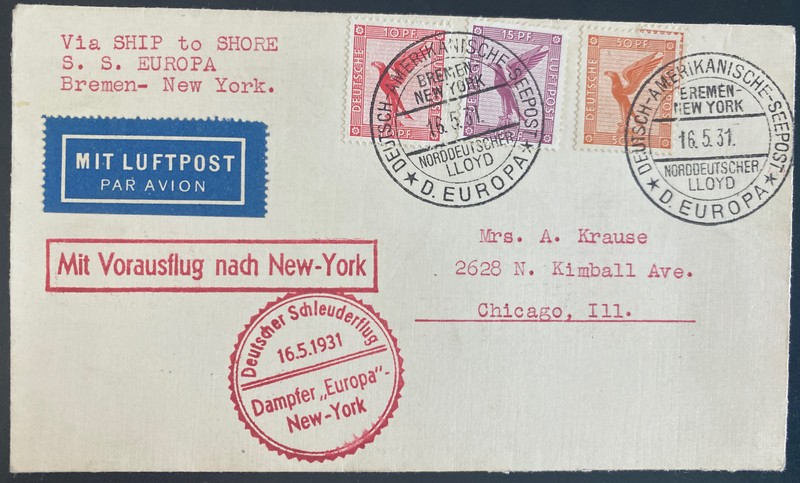 1931 Germany Catapult Flight Airmail Cover SS Europa to Chicago IL Usa Ship To S