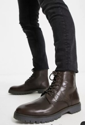  Design Mens Chunky Boots ASOS DESIGN lace up boot in black faux leather with raised  main image 3