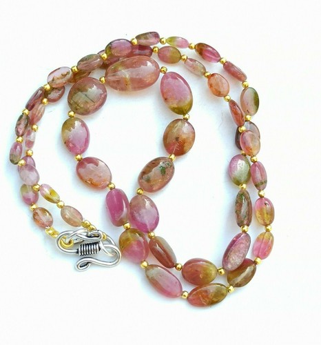 Natural Tourmaline Oval Smooth Beads 138 Carat 925 Silver 22" String Necklaces - Picture 4 of 7