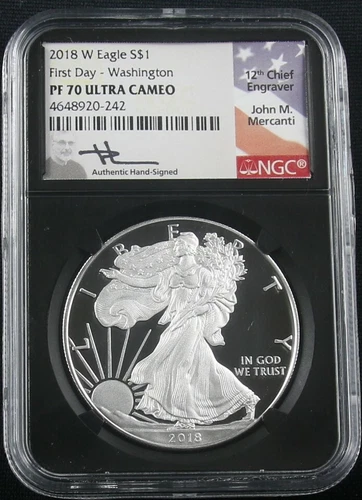 2018 W PROOF AMERICAN SILVER EAGLE NGC PF70 MERCANTI FIRST DAY WASHINGTON 