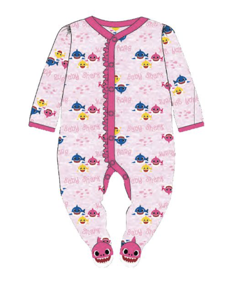 Baby Shark Baby Girl Footed Pajamas NWT 0-3 3-6 6-9 Pink w/ Shark Feet