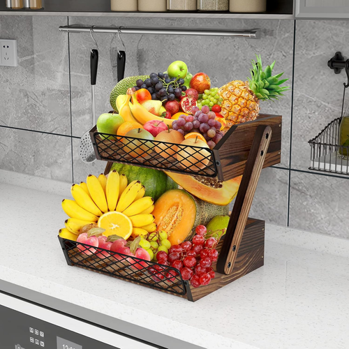 Fruit Basket for Kitchen, 2 Tier Fruit Bowl,Kitchen Counter Organizer,Wooden ...