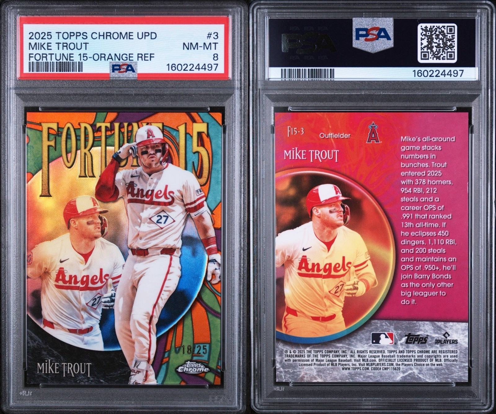 2025 Topps Chrome Update Fortune 15 Mike Trout #F15-3 Orange Refractor /25 PSA 8 view 2