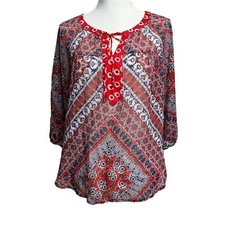 Anthropologie Figueroa & Flower Blouse Womens Red White Blue PXL Floral Crochet 