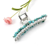 Extra Large Metal Hair Claw Clip with Turquoise Blue Stone Silver Finish