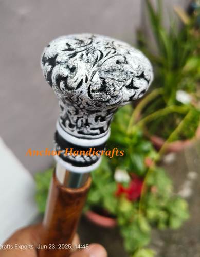 Victorian Antique Finish Carved Handle Elegant Brown Wood Costume Walking Stick - Picture 2 of 8