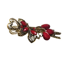 Hair Clip Gold Tone Red Rhinestone Bead Butterfly Elegant