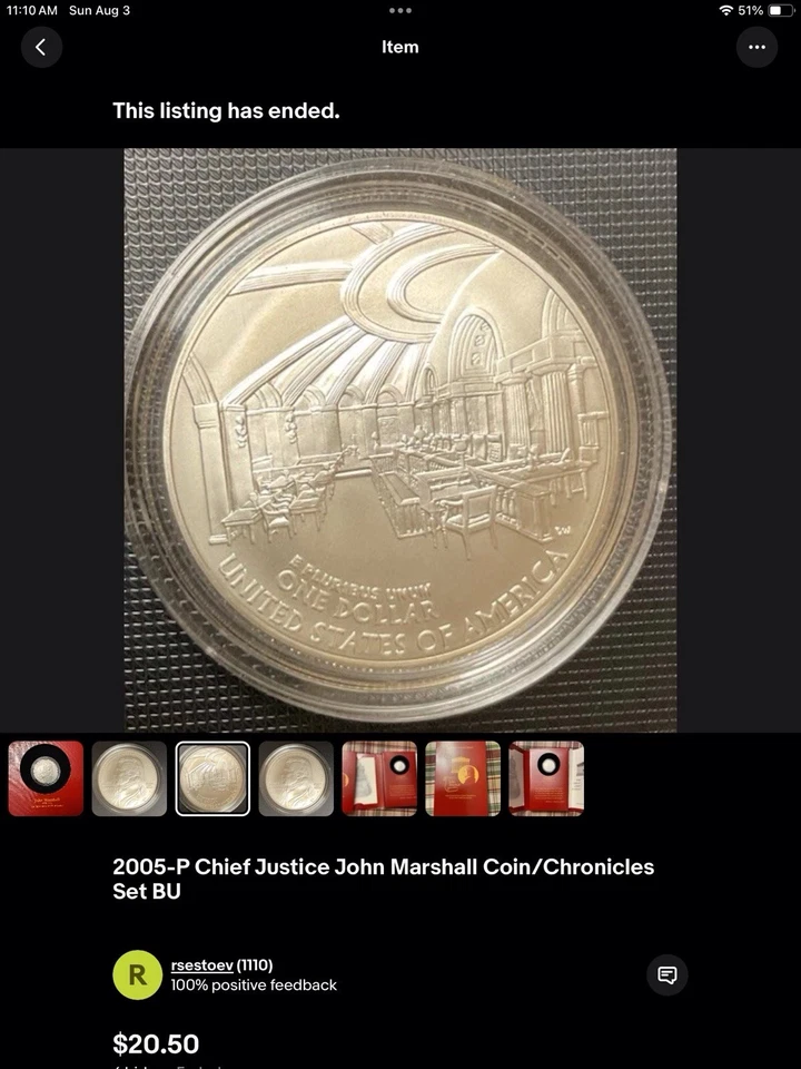 2005-P $1 Silver Dollar John Marshal Chief Justice - Uncirculated- COA #0058  - Image 4 of 4