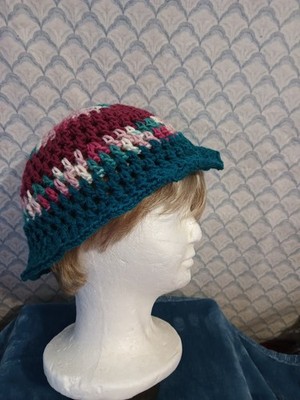 Women s Crochet Acrylic Striped Bucket Hat, Teal Burgundy White Pink One Size