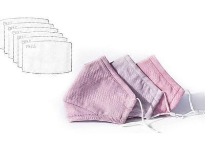 3er Pack Gestreift Rosa Grau Wiederverwendbar Gesichtsmasken Bio Baumwolle 4-lagig 6 PM2,5 Fil