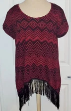 Roommates Women's Short Sleeve Boho Red & Black Fringe Blouse Top Size XL 1X