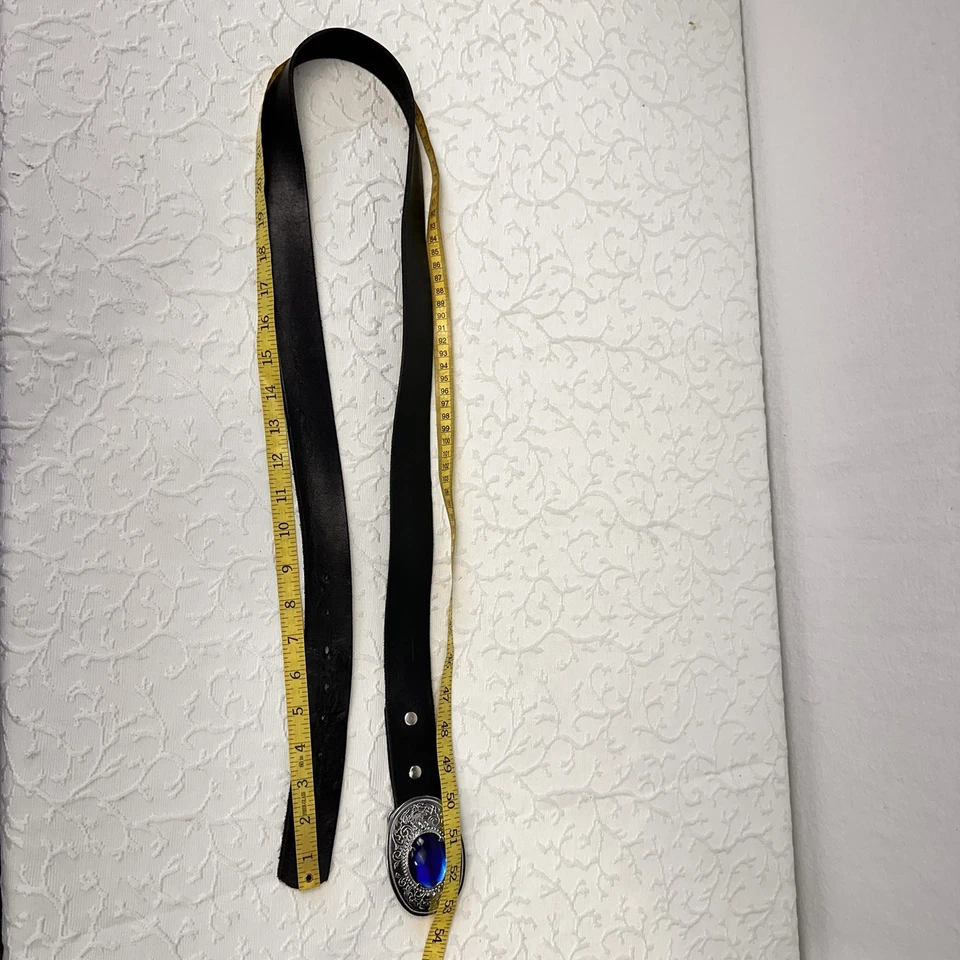 Western Belt Blue Buckle Rhinestone Black Leather Cowboy Hobbs Adjustable Hippie - Image 4 of 4