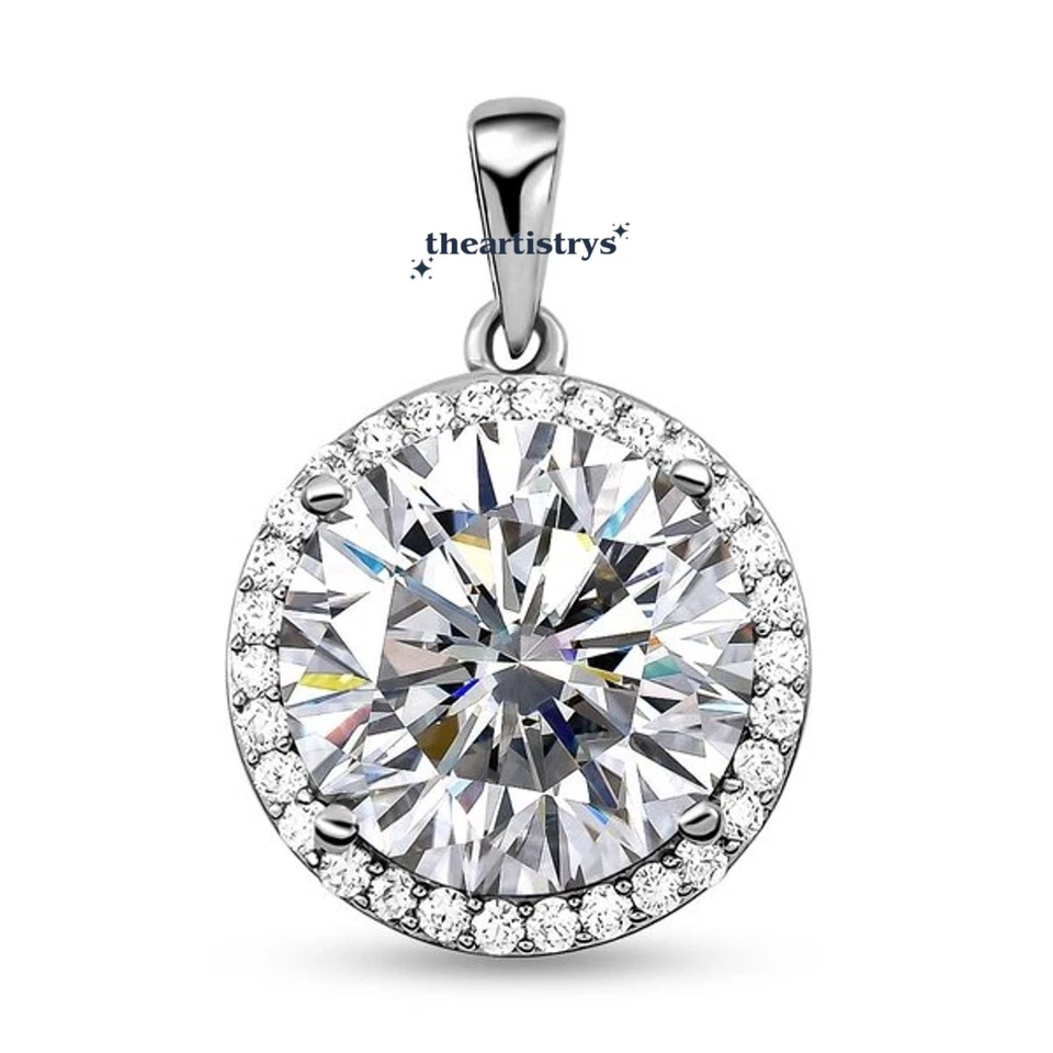 Colgante de boda con halo de moissanita VVS1 corte redondo de 3 quilates de oro blanco sólido de 14 quilates para ella Foto 2 de 4