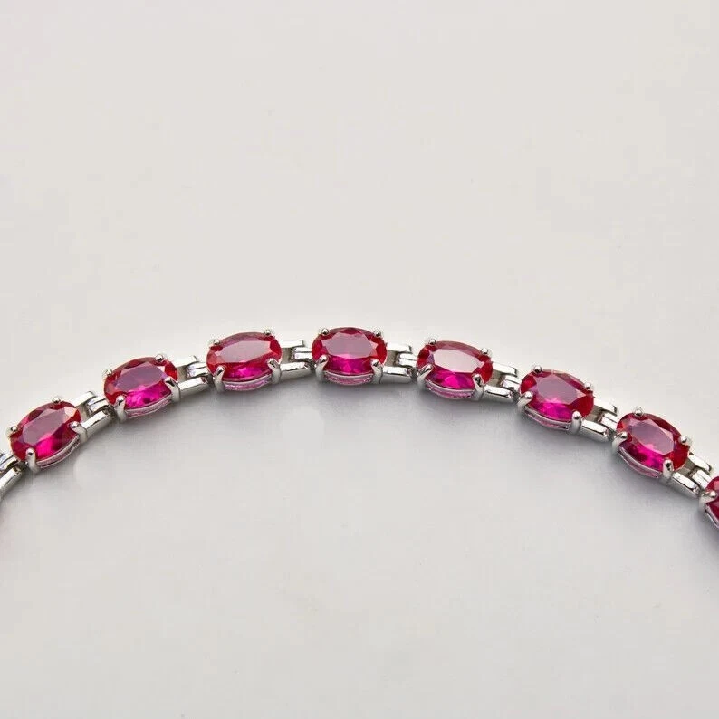 14K White Gold Plated Simulated Pink Ruby 5.0Ct Oval Cut Women's Tennis Bracelet - Image 4 of 4