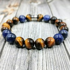 HIP 8"L STAINLESS STEEL 10mm Tigers Eye Sodalite Gemstone Beaded Unisex Bracelet