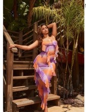 PrettyLittleThing Multi Ombre Mesh Frill Maxi Sexy Beach Dress - Size 12