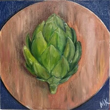 Original Oil Painting Still Life Food Artichoke Canvas Board.  Art Realism