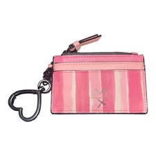 VICTORIA'S SECRET CARD & COIN KEYCHAIN WALLET LEATHER STRIPED PINK 3" x 4.25"