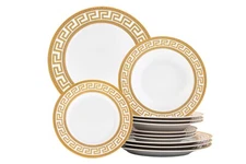 Dinnerware Set Service for 4 - White/Gold Greek Key Inspired Design Tableware