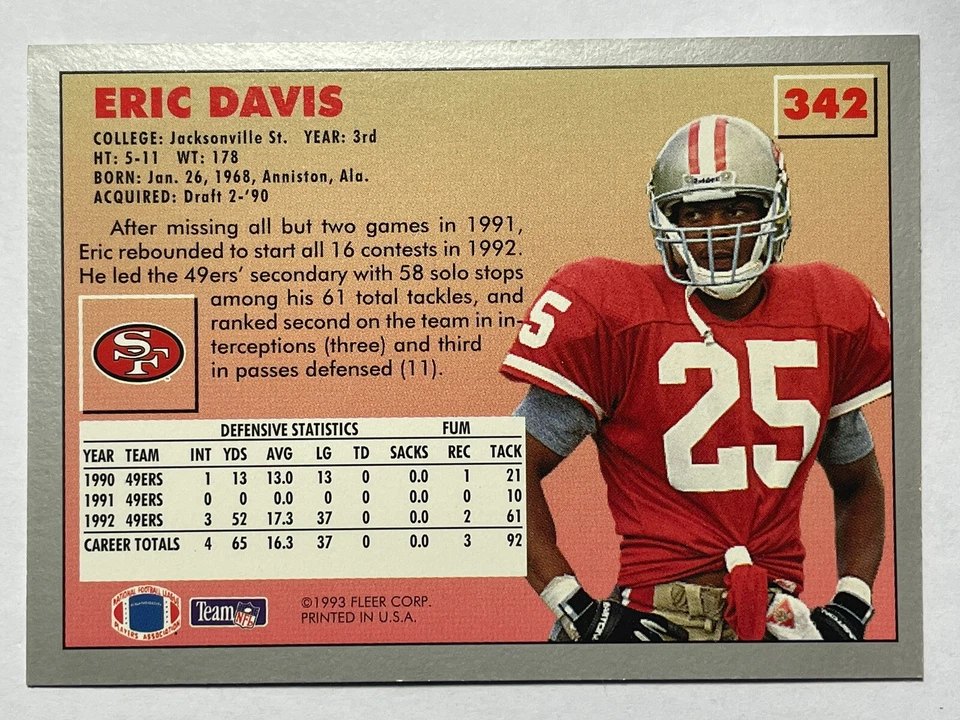 ERIC DAVIS San Francisco 49ers 1993 Fleer Football Card #342 - Image 3 of 3