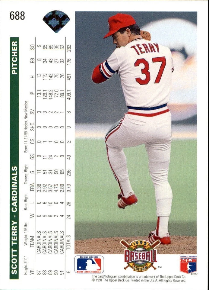 Scott Terry 1992 Upper Deck MLB #688 Baseball Card St. Louis Cardinals - Image 2 of 2