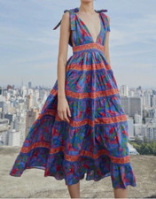 Farm Rio Blue Macaw Flight Midi Dress Size Large NEW NWT Floral Tie Shoulder