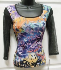 BODY WRAPPERS 3/4 Black Mesh Sleeve Graffiti Dance Top Ladies sizes 6805